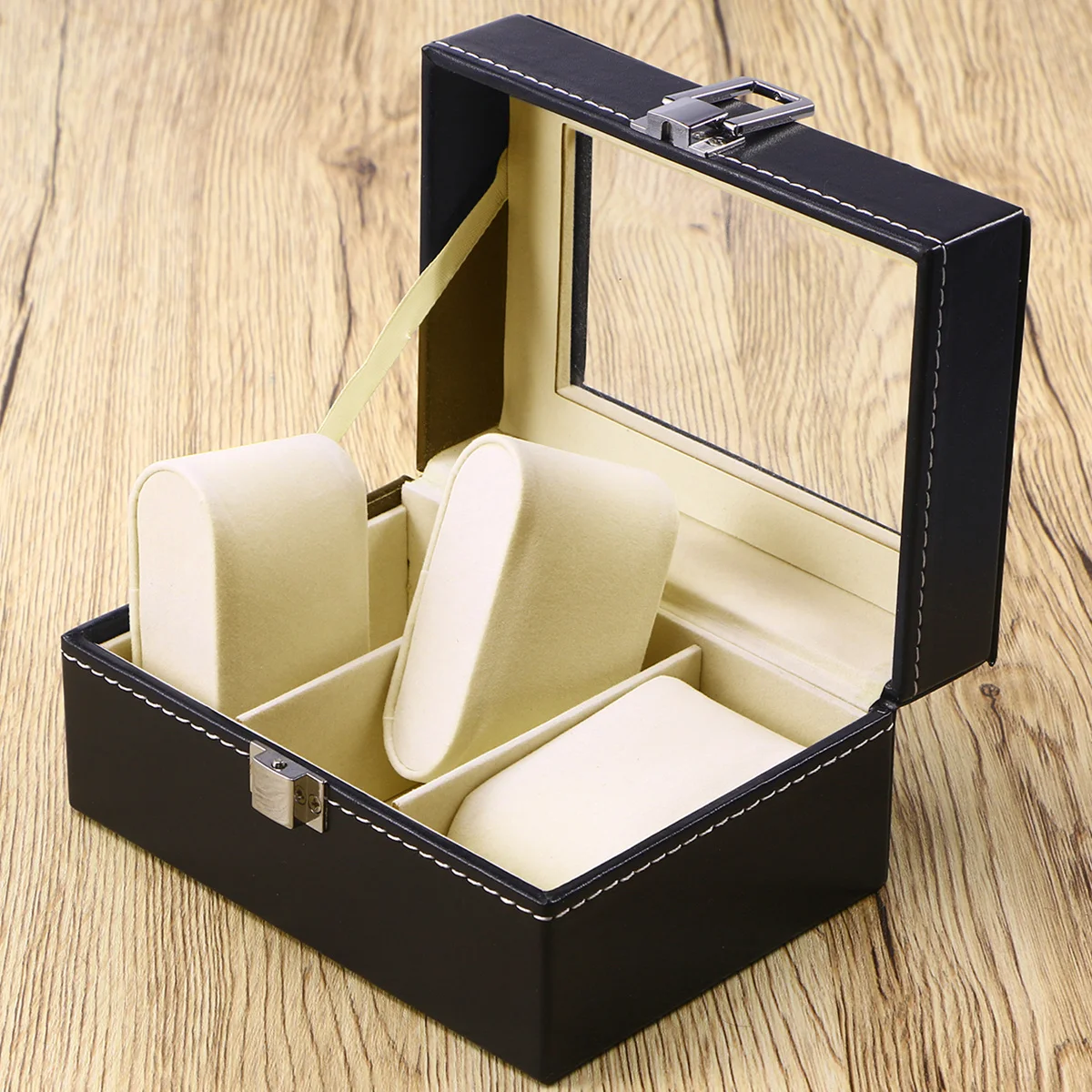 

Large Mens Watch Box 3 Grids Black PU Lockable Jewelry Display Case Organizer Storage Box Mirror Watch Case