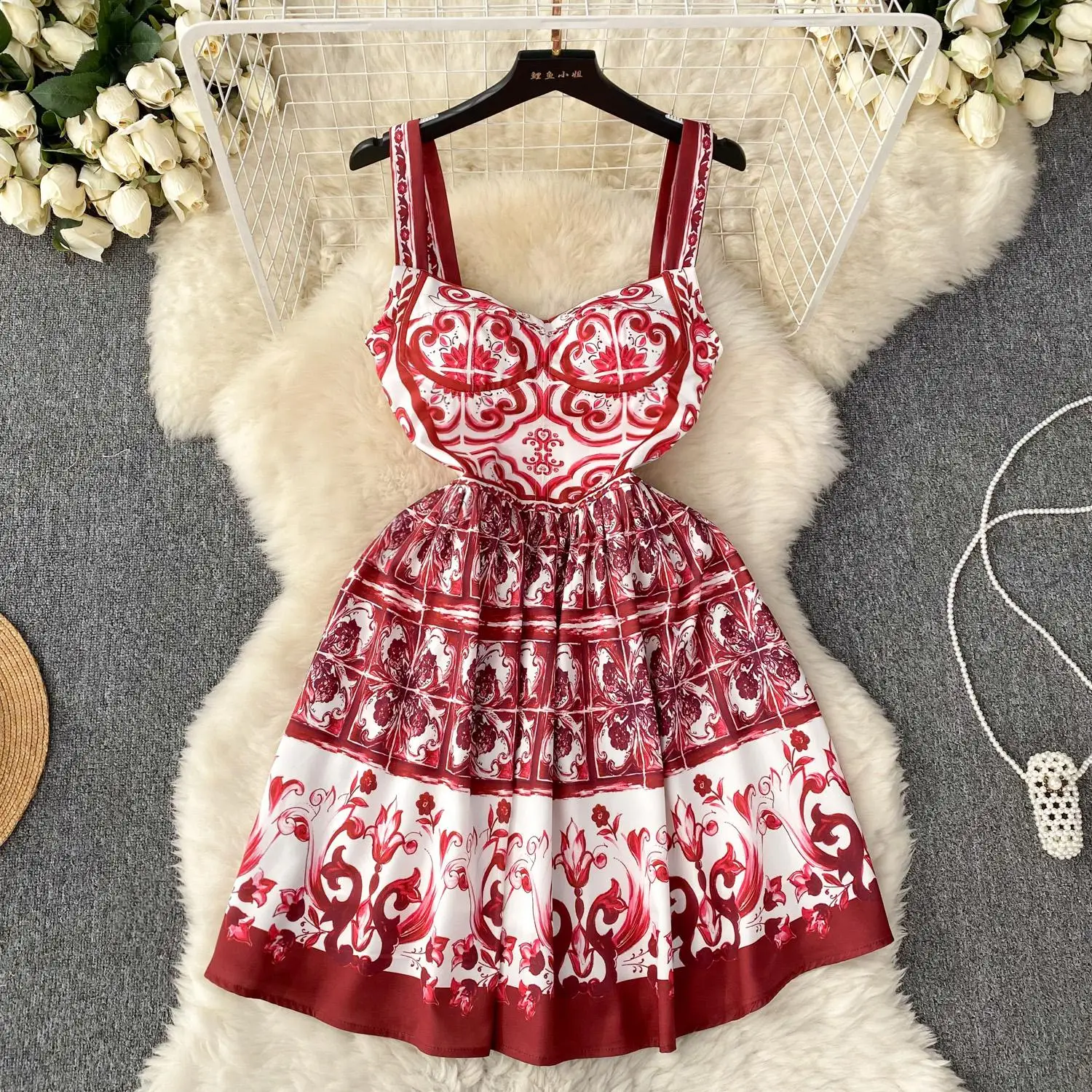 Summer Runway Red Blue And White Porcelain Dress Women\'s Spaghetti Strap Floral Print Cup Padded Holiday Beach Mini Vestido 575