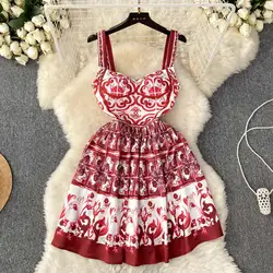 Summer Runway Red Blue And White Porcelain Dress Women's Spaghetti Strap Floral Print Cup Padded Holiday Beach Mini Vestido 575