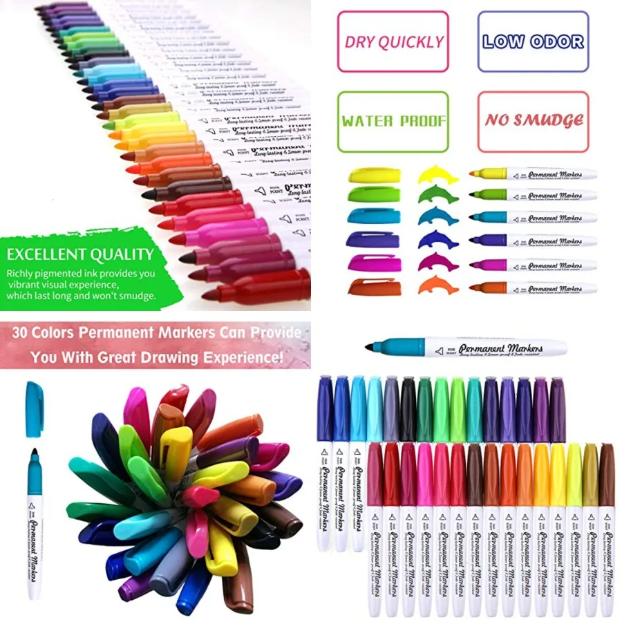 قلم تحديد دائم 30 لونًا، علامات دائمة ذات نقطة دقيقة مثالية للرسم والتلوين والربط على قماش الورق والزجاج M #1