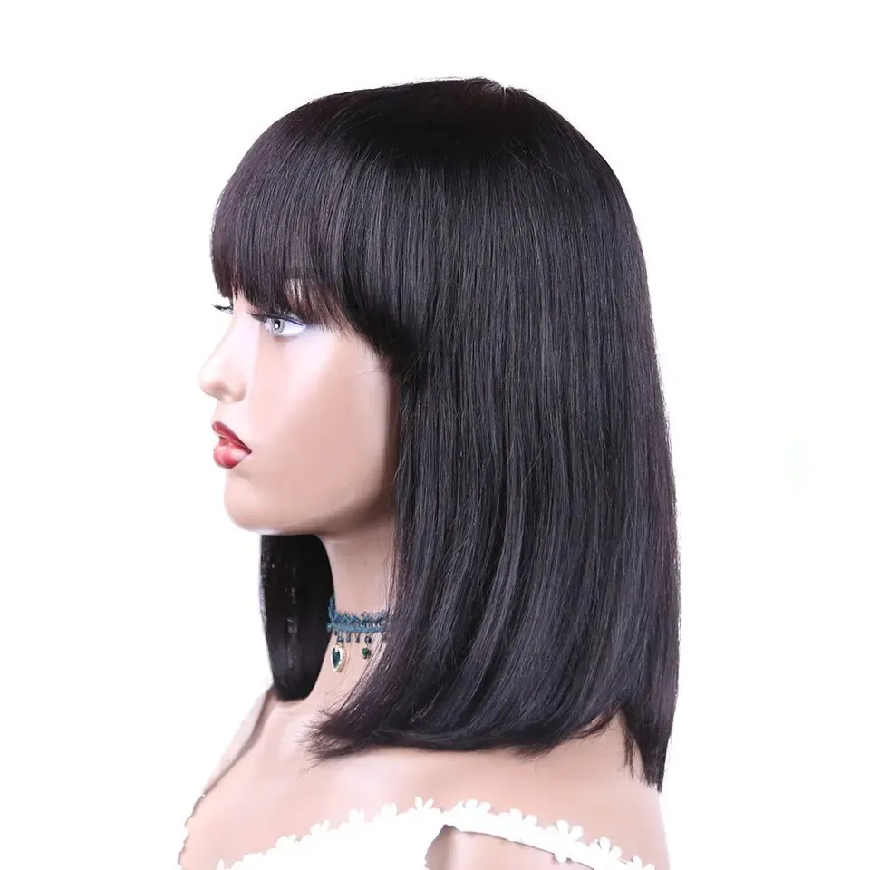 Wig rambut manusia lurus Brasil dengan poni Wig Bob Remy mesin penuh Wig dibuat untuk wanita Wig Bob lurus tanpa lem dengan poni