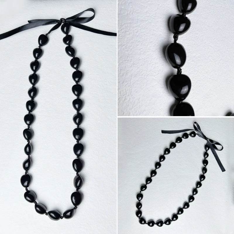 Schwarze Kukui Nut Leis-Halskette für den Abschluss, Band-Fliegenverschluss, verstellbare Schlüsselbeinkette aus Acrylperlen für die High School – Detail 3