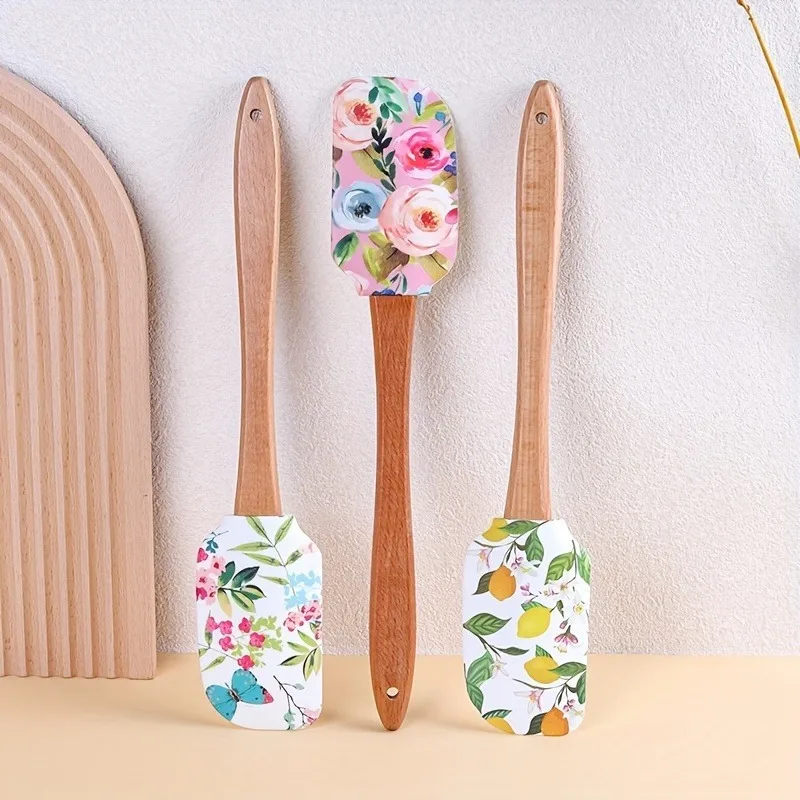 Floral Silicone Spatula Set with Wooden Handle - Perfect for Baking & Pastry, Non-Electric Kitchen Essential