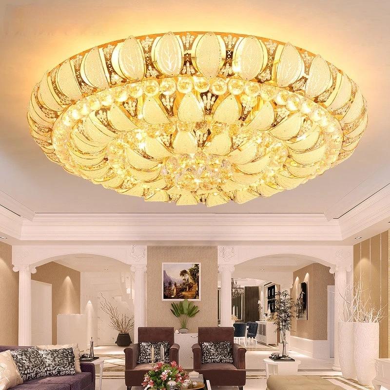 Light Luxury Gold Circular Led Crystal Ceiling Light For Home Decoration Living Room Bedroom Villa Three Color Light Fixture