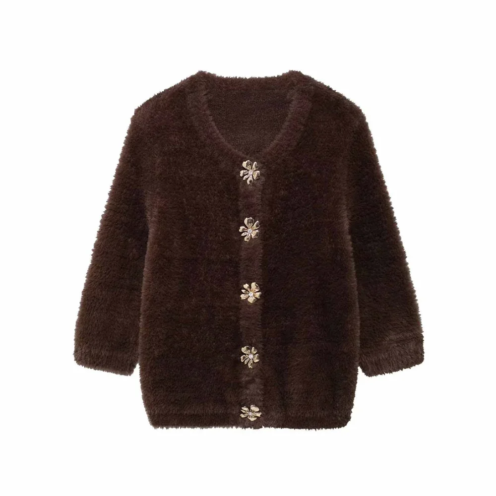 

LIBIELIY Autumn And Winter New Casual Women's Clothing Simple And Fashionable Artificial Fur Effect Round Neck Knitted Jacket