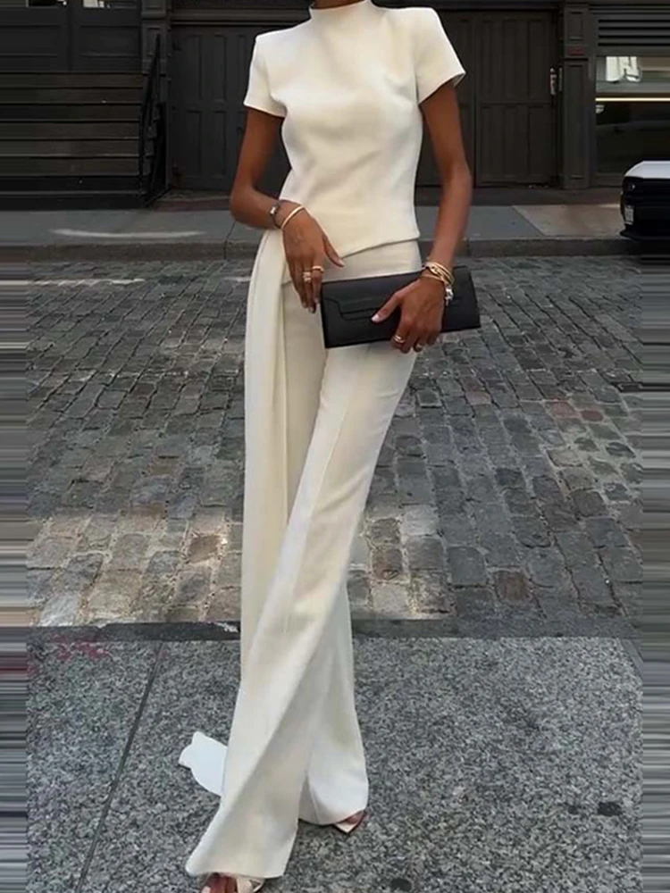 

Женская повседневная уличная свободная одежда, модные длинные брюки, однотонный костюм, элегантный пуловер с воротником-стойкой, нерегулярный комплект из 2 предметов