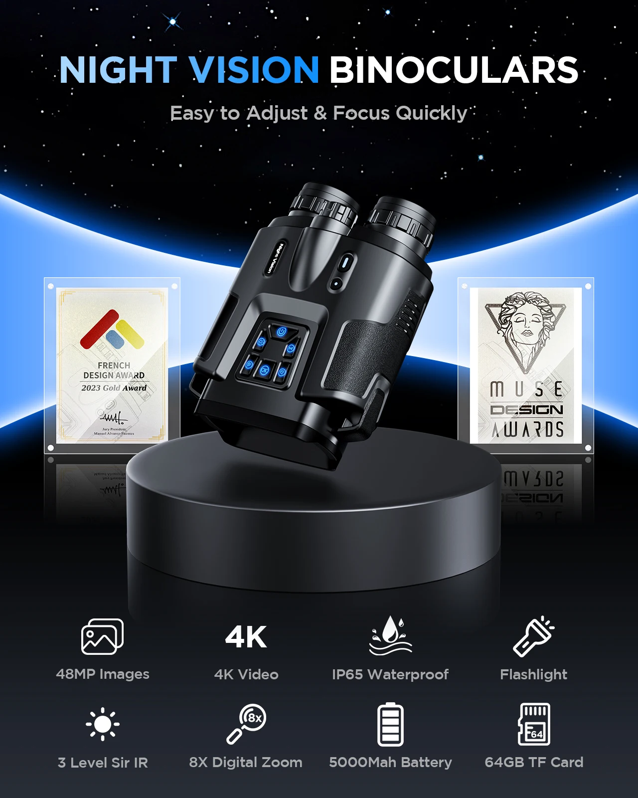 4K Digital Night Vision Binoculars – 3" Screen, 8X Zoom, 5000mAh Rechargeable Battery, 64GB Memory Card, Tactical Light & Infrared Night Vision Goggles for Hunting, Camping & Outdoor Observation 8