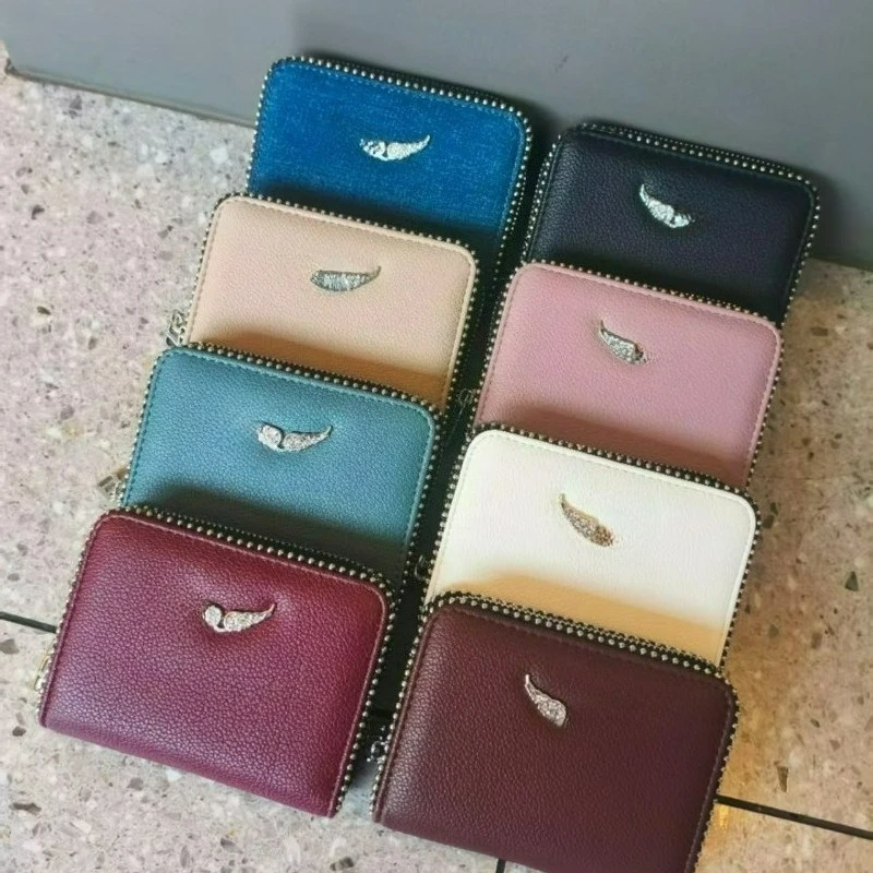 Portefeuille court premium à fermeture éclair, élégant, pour homme et femme, avec porte-monnaie, porte-cartes et porte-carte d'identité, en PU avec chaîne métallique