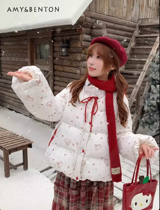 

Winter New Gentle Sweet Girl Cute Style Off-White Rabbit Print Cotton Jacket Female Student Warm Casual Loose Jacket