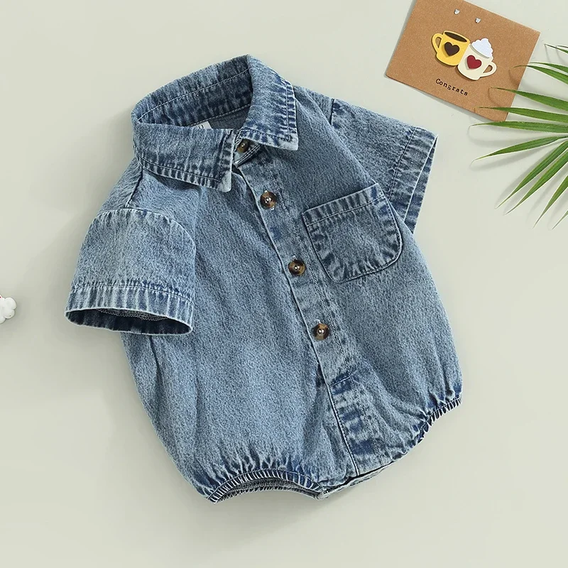 Infant Boys Girls Denim Romper Solid Color Short Sleeve Turn-Down Collar Baby Jumpsuits Summer Buttons Casual Jeans Bodysuits