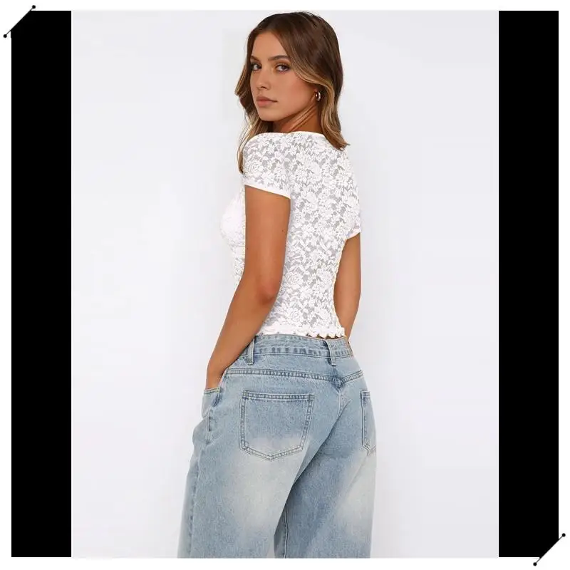 

Women's Lace Short Sleeve Shirt Low Cut Y2K Slim Fit Top Going Out Club Concert Clothes