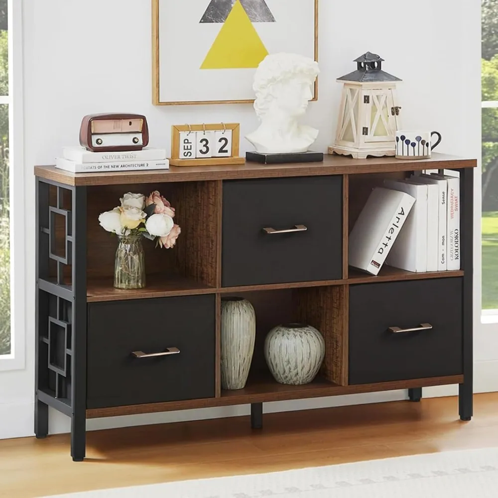 Rustic 6-Cube Storage Shelf with Metal Frame and 3 Bin Organizers