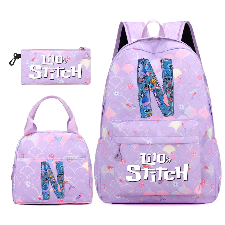 

3Pc Lilo Stitch Backpack Girl School Teen Student Knapsack Women Rucksack Lunch Bag Pencil Bag Purple Fish Scale Style 26 letter