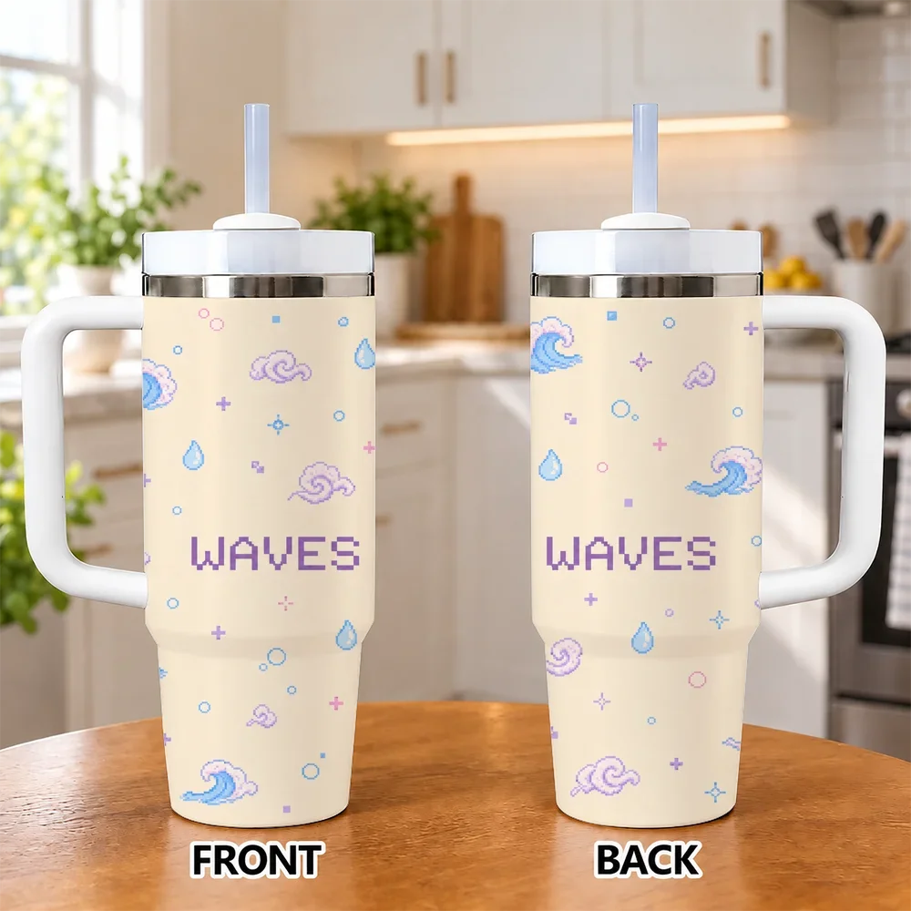 Pixel Wave Retro 40oz Tumbler with Handle Straw Stainless Steel Insulated Travel Mug Cute Ocean Gift for Women Girls