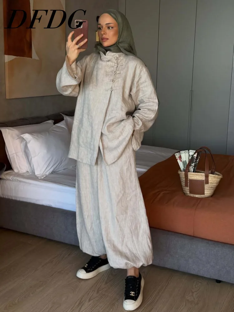 

DFDG Women 2026 Spring Linen Two Piece Outfit Frog Button Mandarin Oversized Top High Waist Balloon Pants Set Chinese Style Set