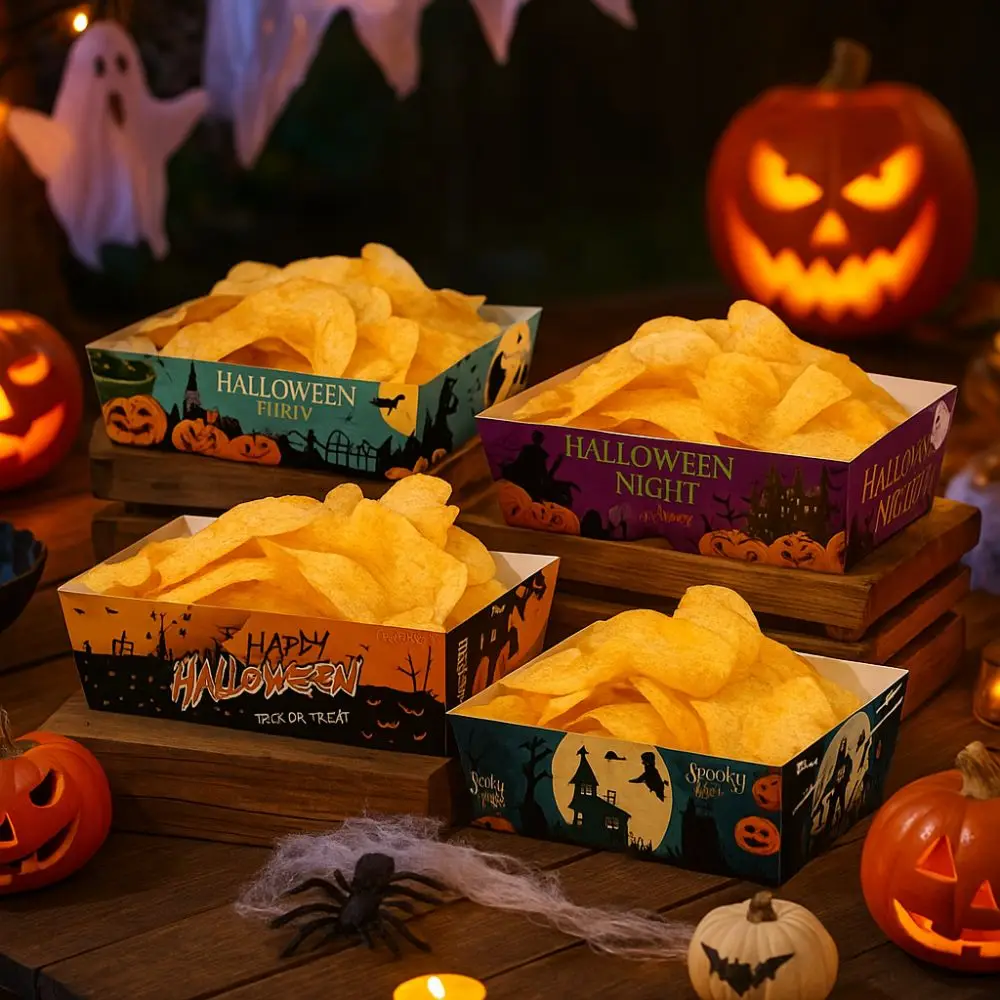 

12pcs Tableware Rectangular Halloween Party Tray Sturdy Ghost Bat Cookie Tray Pumpkin Disposable Baking Pans Festival