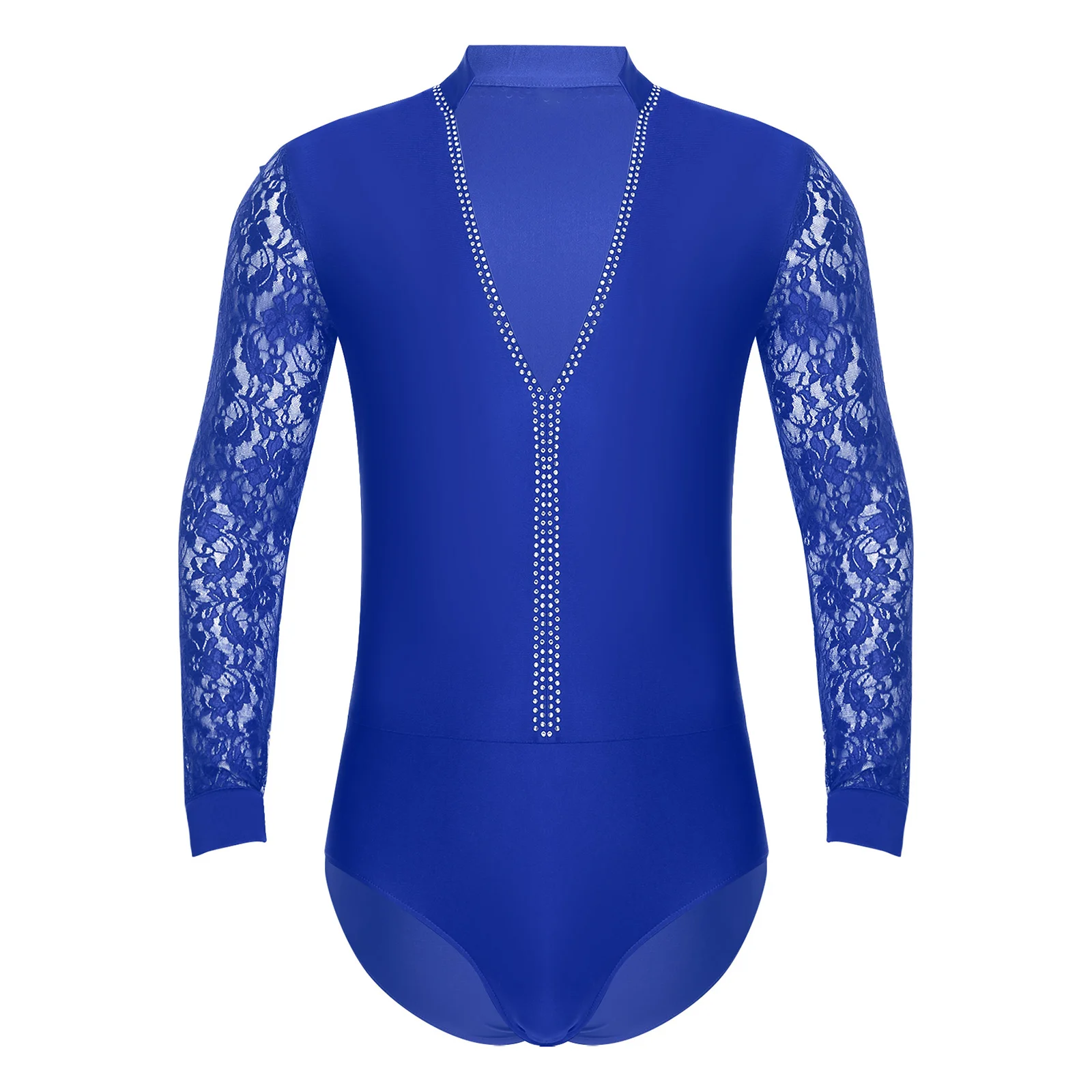 Gentry Mens Tango Latin Dance Performance Leotard Floral Lace Long Sleeve Deep V-neck Sparkling Rhinestones Dancing Bodysuits