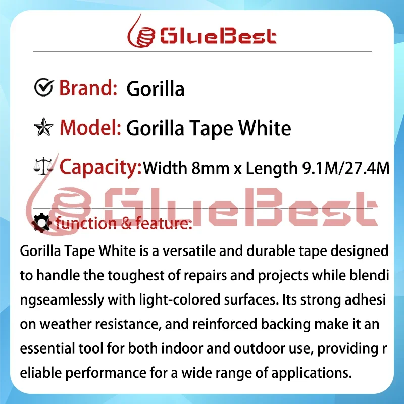 عامل معالجة مقاوم للطقس باللون الأبيض من شريط الغوريلا للمشروعات الداخلية والخارجية، منتج أصلي ذو التصاق قوي