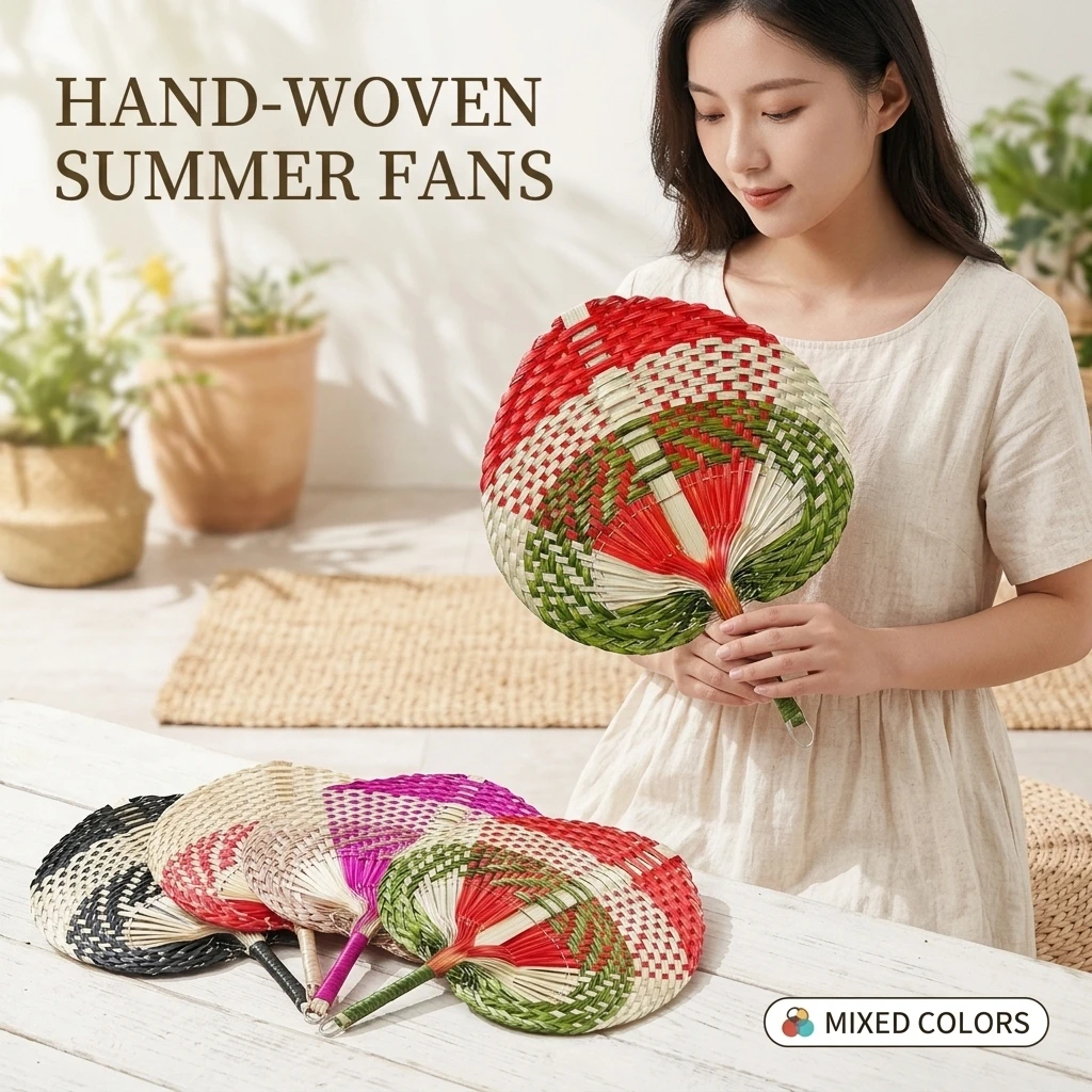 Natural Handmade Rattan Palm Leaf Fan Handwoven Boho Raffia Fan for Summer Cooling Wedding Favors & Farmhouse Decor
