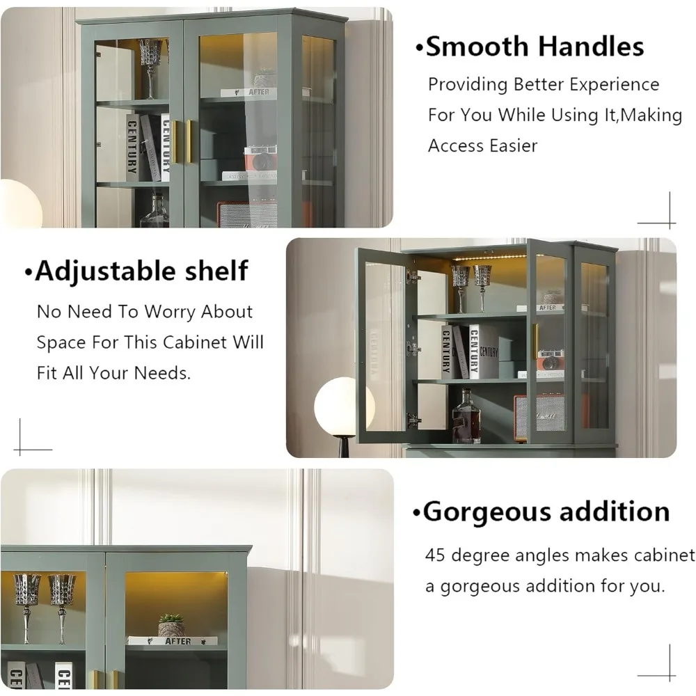 خزانة مخزن خشبية طويلة الطراز على طراز المزرعة الحديثة مع أبواب زجاجية، وخزانة تخزين المطبخ تتميز بدرج ورف قابل للتعديل