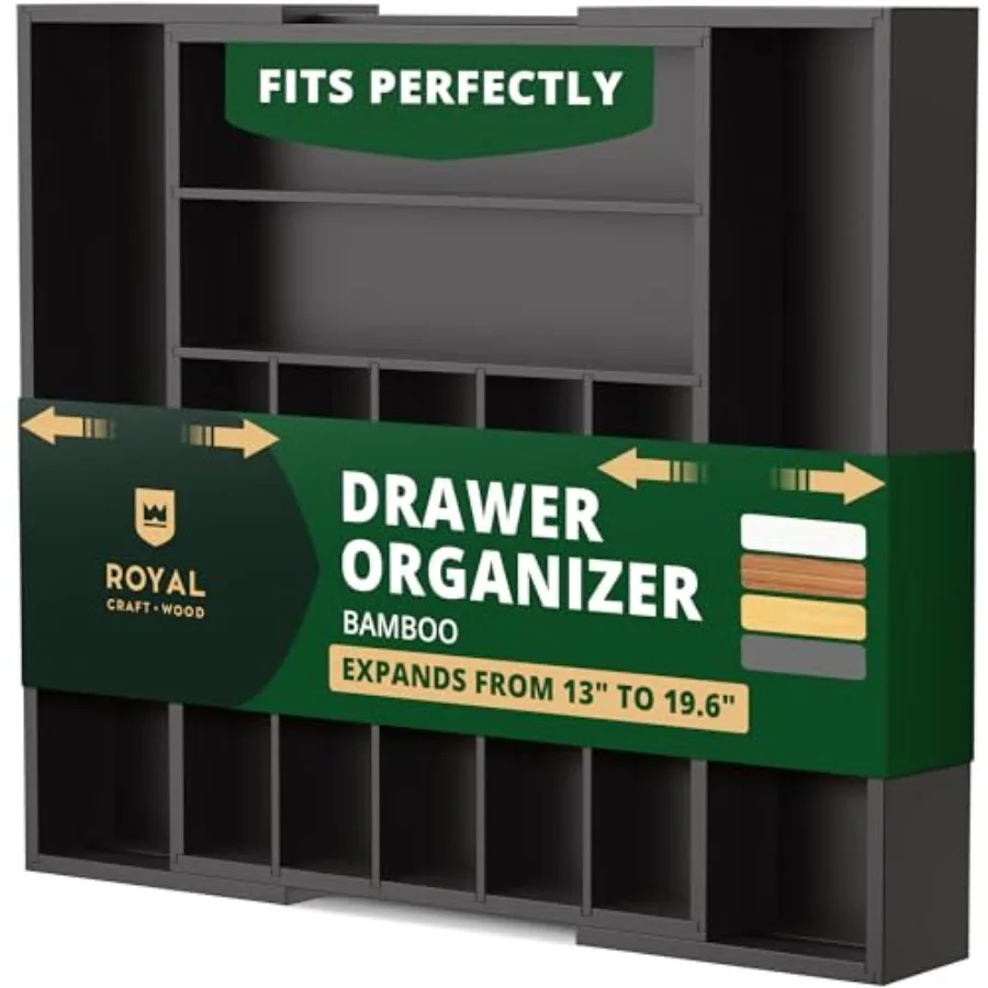 

Luxury Bamboo Kitchen Drawer Organizer - Silverware Organizer - Utensil Holder and Cutlery Tray with Grooved Drawer Dividers fo