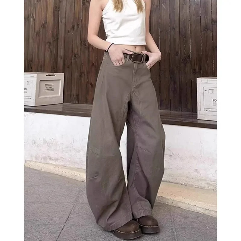 Mode Vintage Stijl Hoge Taille Kameel Jeans Broek Lente Mode Dames Baggy Y2K Wijde Pijpen Denim Broek Vrouwelijke Kleding