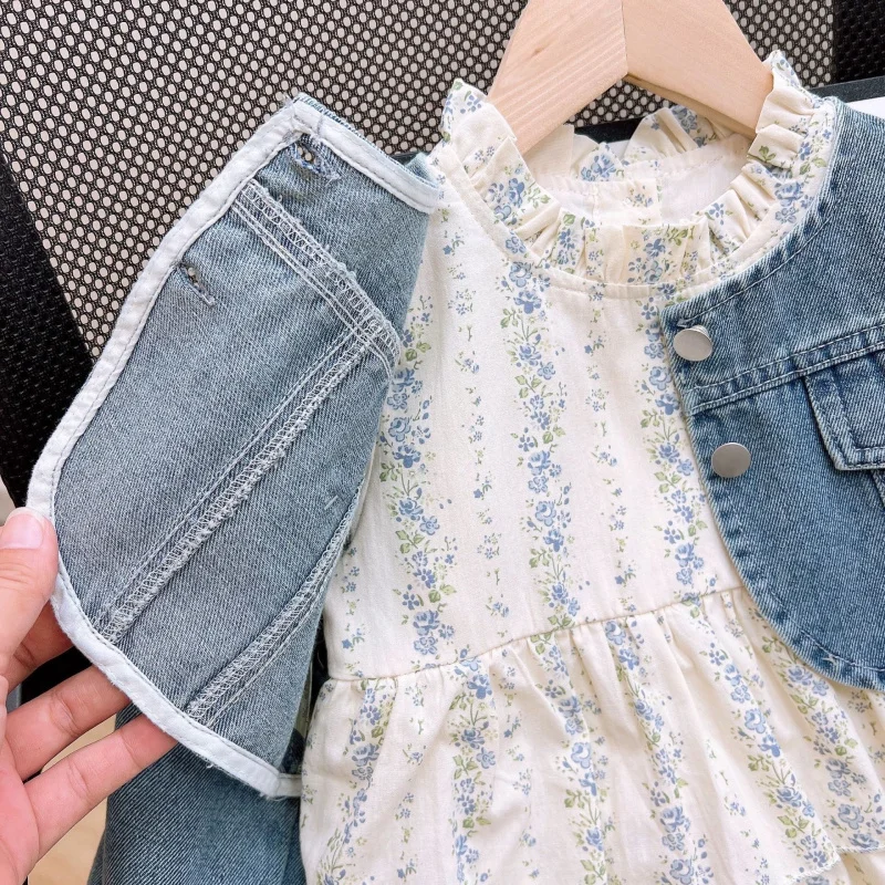 084Girls' Primavera e Outono Nova Moda Jaqueta Jeans com Conjunto de Vestido de Bolo Floral
