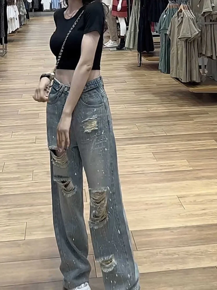 

Американские рваные джинсы High Street Sle, женские летние тонкие свободные брюки с высокой талией, прямые модные брюки длиной до пола