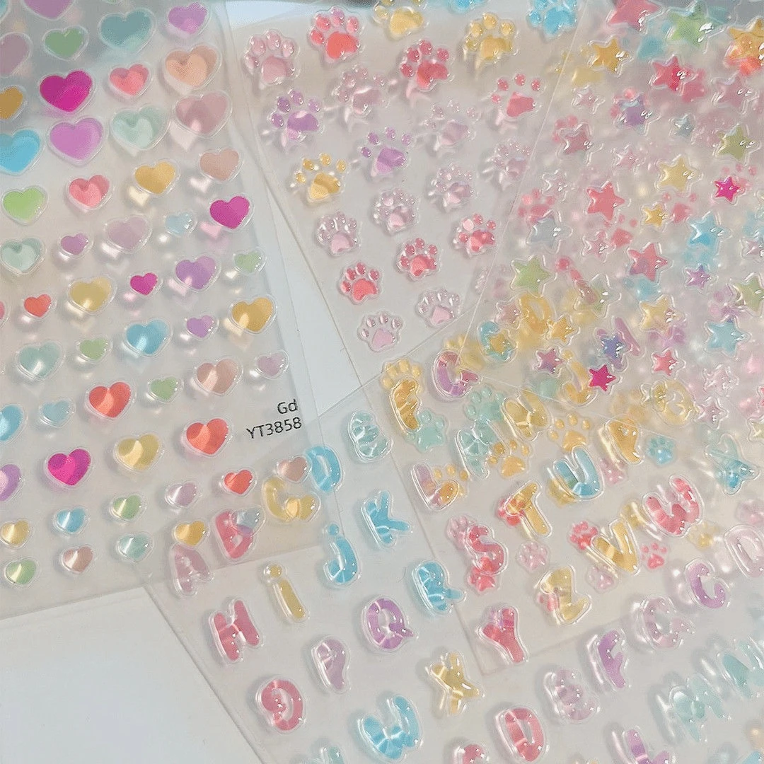 Cute Cartoon Mini Transparent Jelly Stickers English Letter Star Heart Dog Paw Shaped Nail Decals Girl Phone Case CCD Decoration