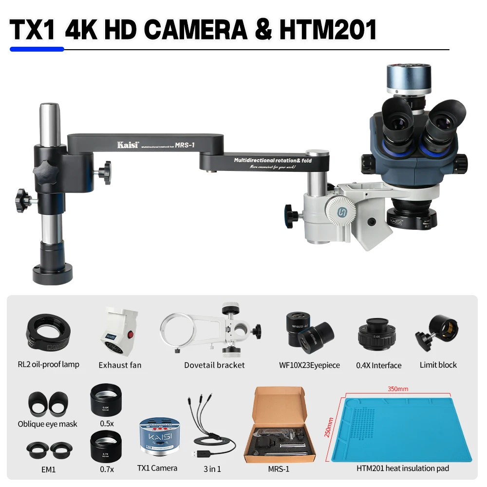 Microscopio Trinocular Kaisi MRS-350s 360 ° Soporte de Brazo Articulado Giratorio para Cámara HDMI 4K de Gran Campo, Reparación de PCB de Soldadura de Teléfonos