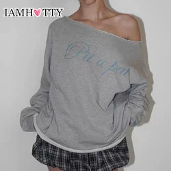 IAMHOTTY Casual Letter Print Pullovers Autumn Preppy Style Raw Edge Slash Neck Oversized Sweatshirt Korean Fashion Tops Street