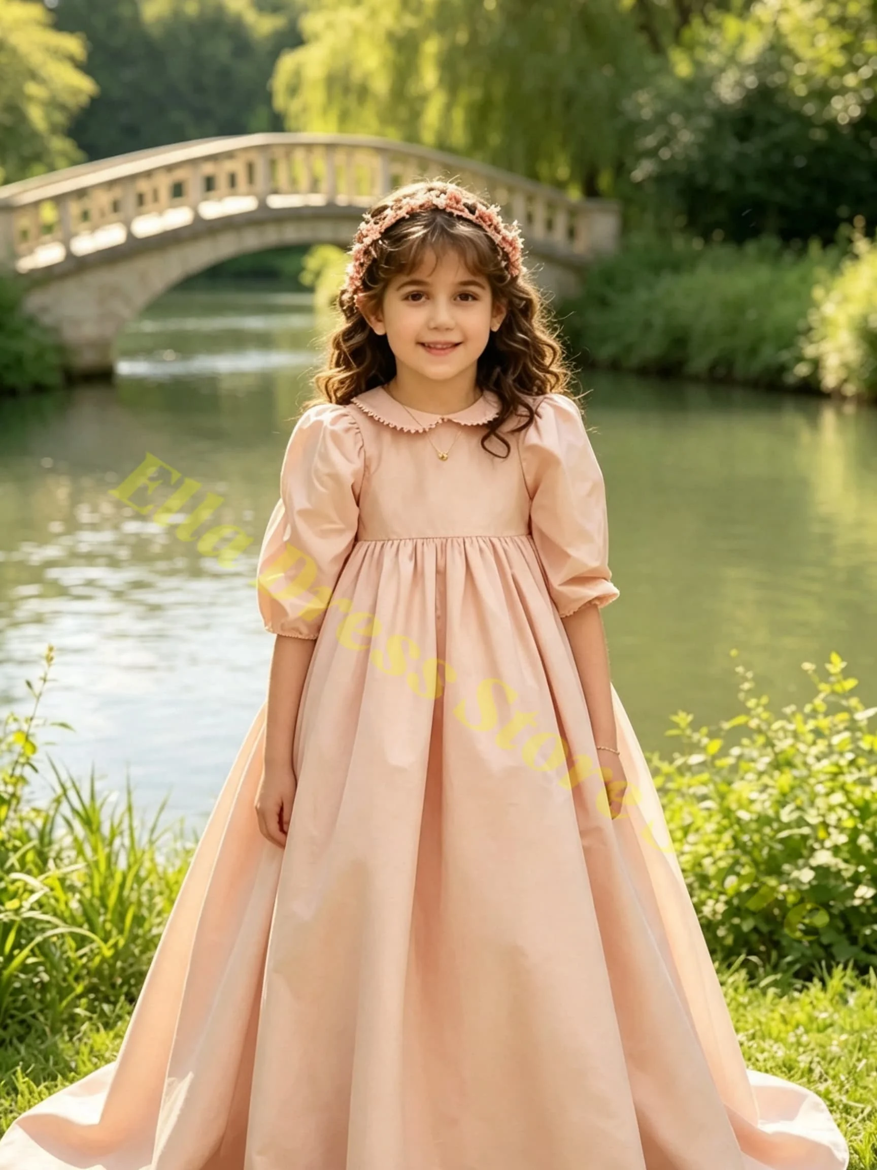 Maßgeschneidertes Mädchenkleid Blumenmädchenkleid für Hochzeit 3/4 Ärmel Rosa Hohe Taille Satin Geburtstagsfeier Erstkommunion Großhandel – Detail 2