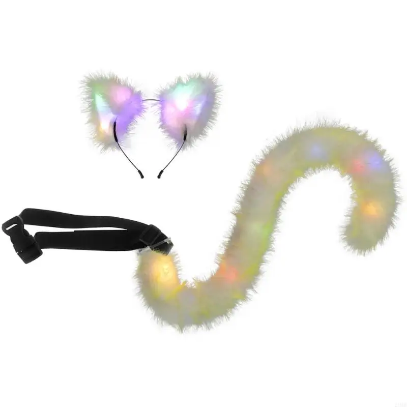 2025 New Battery Operated Light Up Cats Ears Headpiece With Matching Furry Tail Adjustable For Costume Event