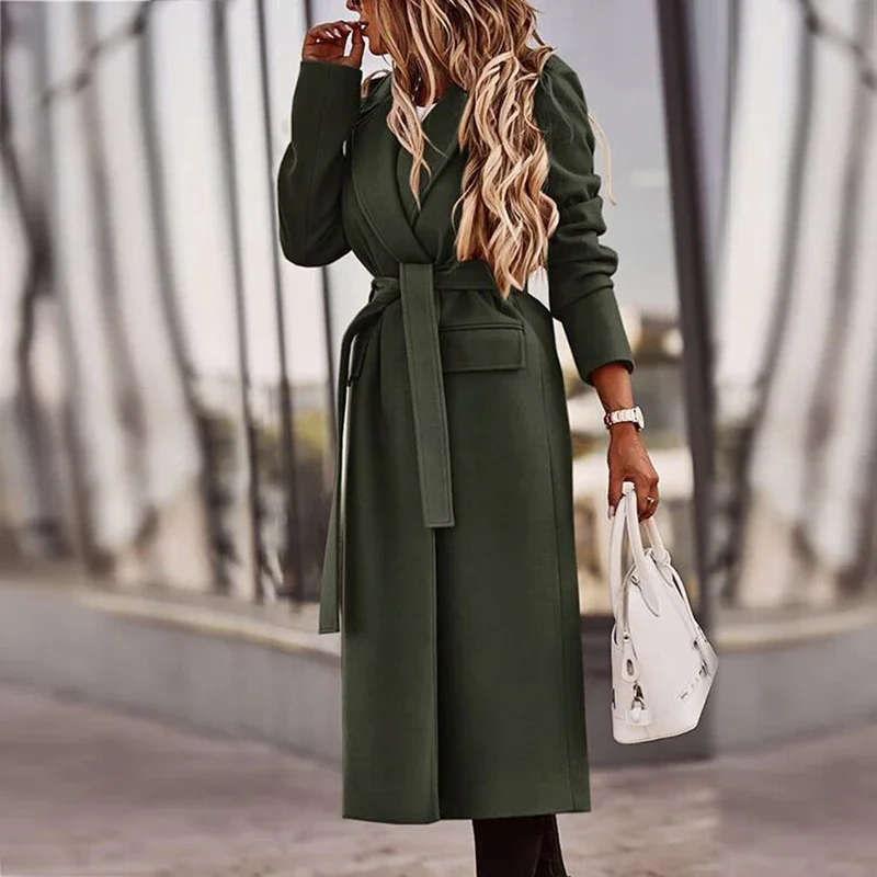 Winter warme Mode lange Mäntel Wolle Strickjacke Frauen lässig elegnat solide Turn-Kragen Verband Tasche Mäntel Damen Vintage Mantel