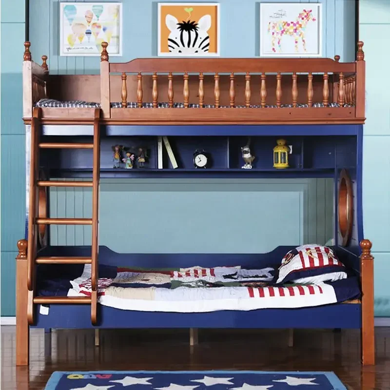 Escaleras trepadoras de lujo, cama para niños, cama doble tamaño king para adultos, cama casal, muebles de dormitorio, bases azules y litera tipo loft de madera