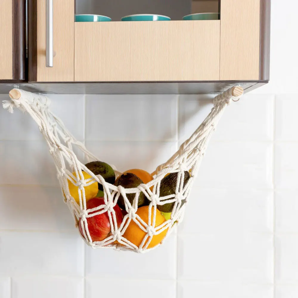 Under Cabinet Fruit Hammock Boho Woven Hanging Vegetable Hammock Household Hanging Kitchen Storage Basket Organizer