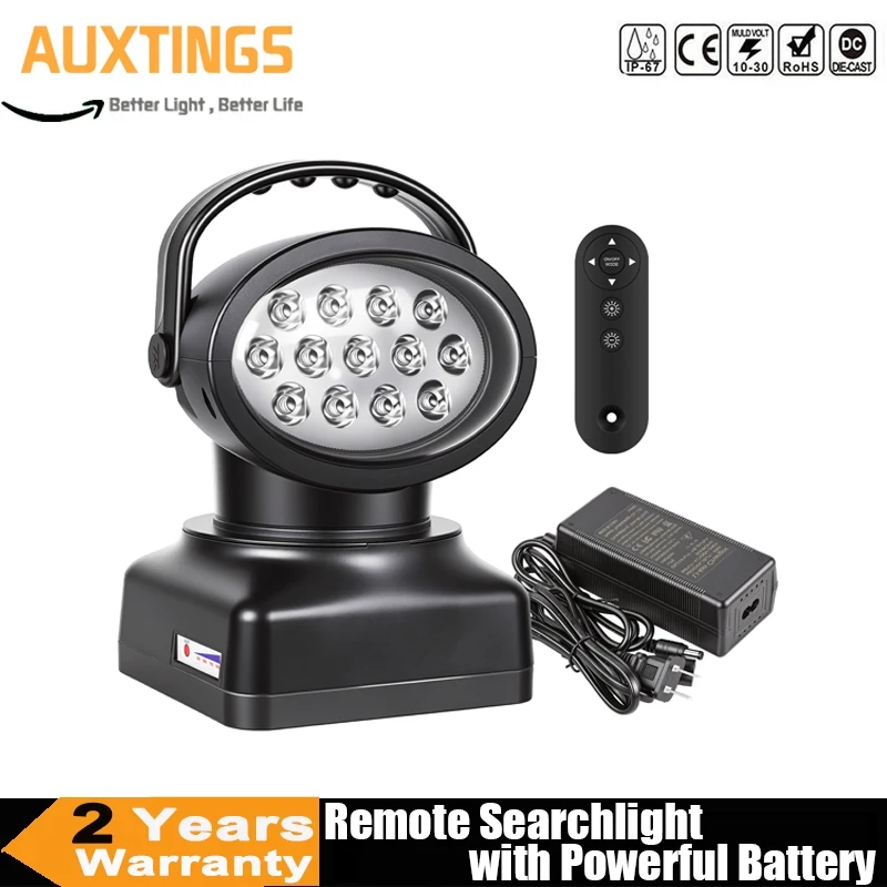 52W 360° Oval Rotating LED Searchlight with Wireless Remote Control Storage Batterry Emergency Spotlight for Boats, UTV,ATV,SUV