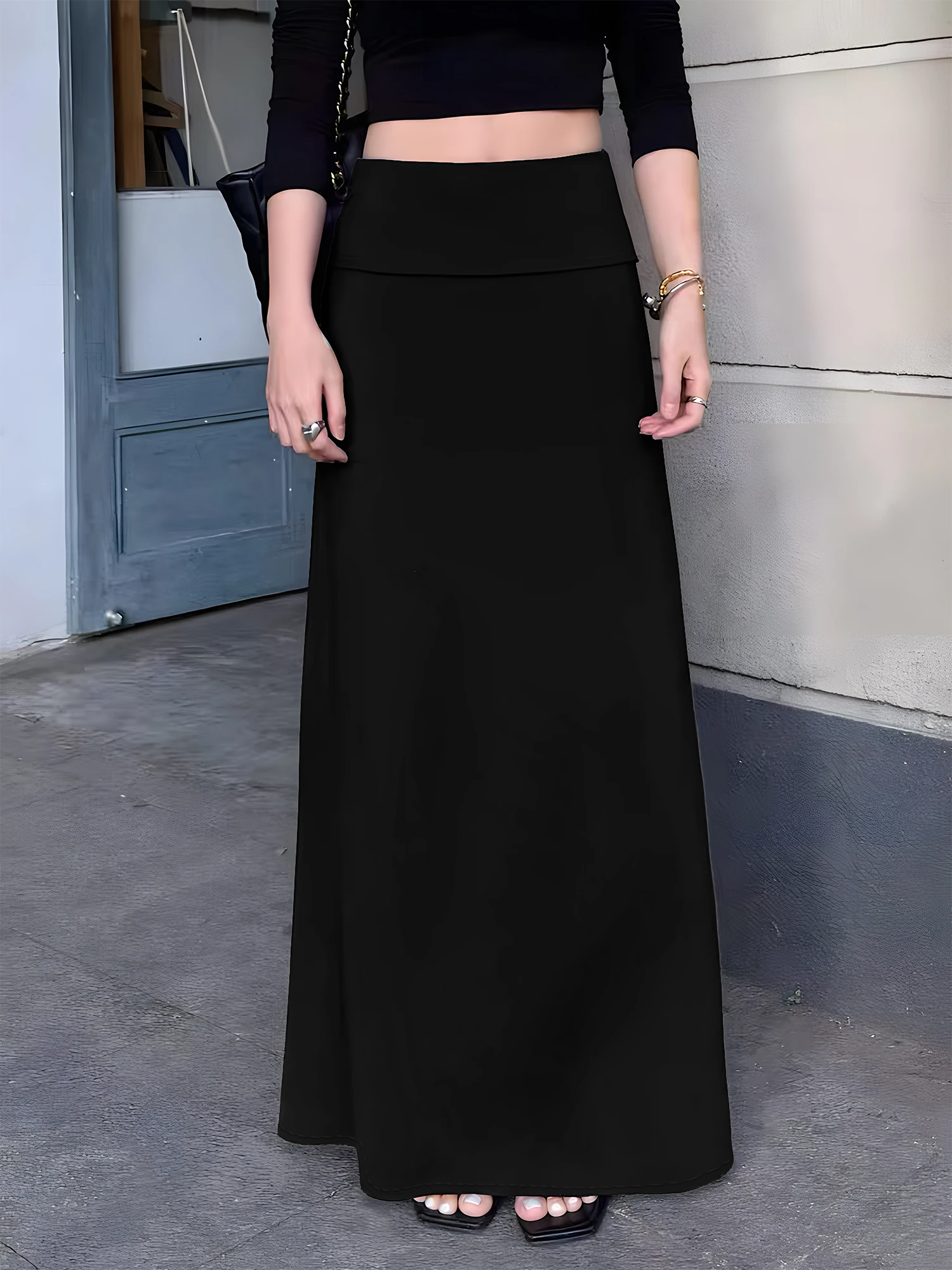 Women Formal Wear For Meeting - 하이웨이스트 폴드오버 맥시 스커트, 우아한 A라인