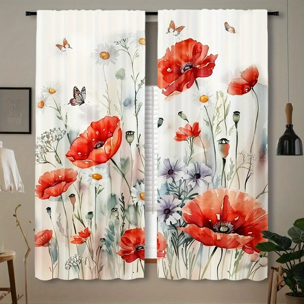 Soft Watercolor Poppy Daisy Curtain 2 Panels Tiny Butterfly Thin Green Twig Inn Room Curtain Warm Cottage Bedroom Home Decor
