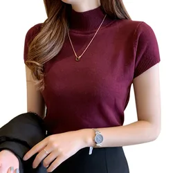 Women's T-Shirts Solid Color Half Turtleneck Fashion Slim Fitting Short Sleeve Knitted Tops