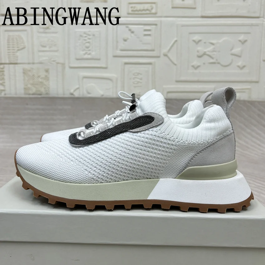 

Spring Autumn New Women Flat Shoes Knitting Thick Bottom Casual Shoes Round Toe Lace Up Casual Sneakers Shoes