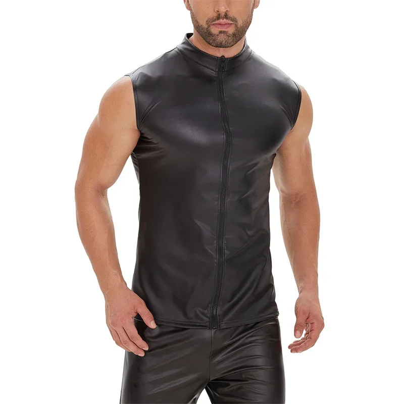 Men Punk Style Matte Black Patent Leather Shirt Summer Sleeveless Zipper Cardigan Blouse Male Slim Fit Stretch Tops Casual Vest