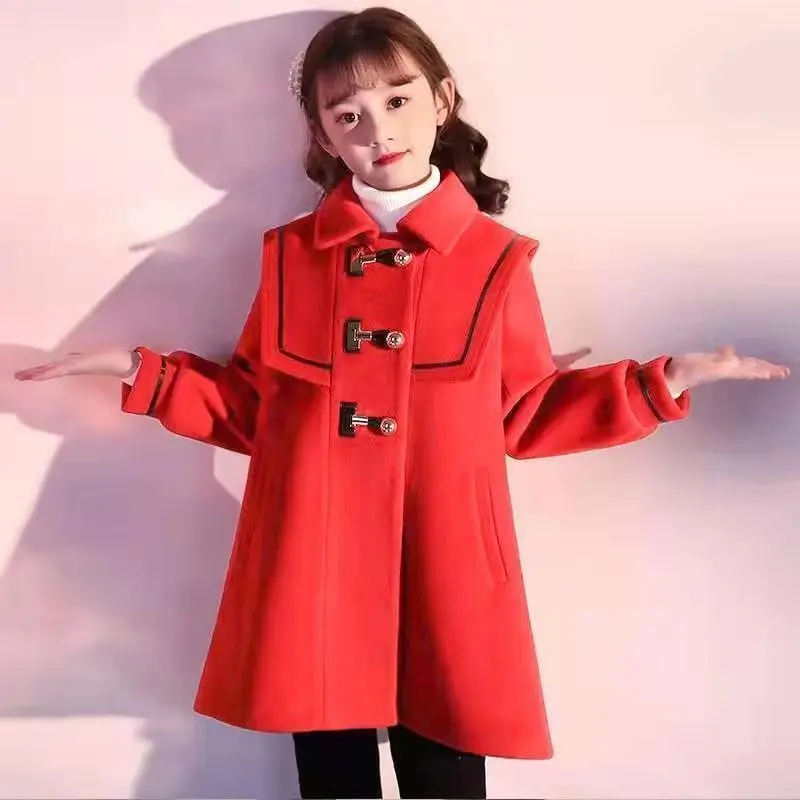 England Style Fashion Red Girls Coats Woolen Jacket Long Coats Thick Wool Coat Girl Winter Clothes for Girls New Year Clothes