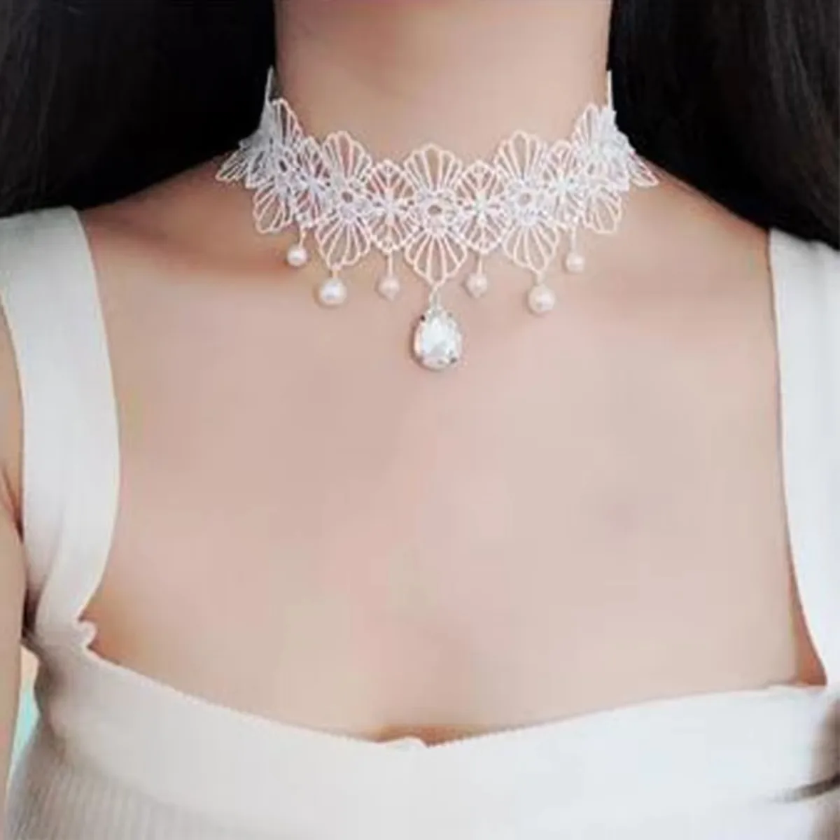 Imitation Pearl White Lace Choker Necklaces Bridal Jewelry Women Wedding tattoo Tassel Punk Style Lace Pendant Choker Necklace