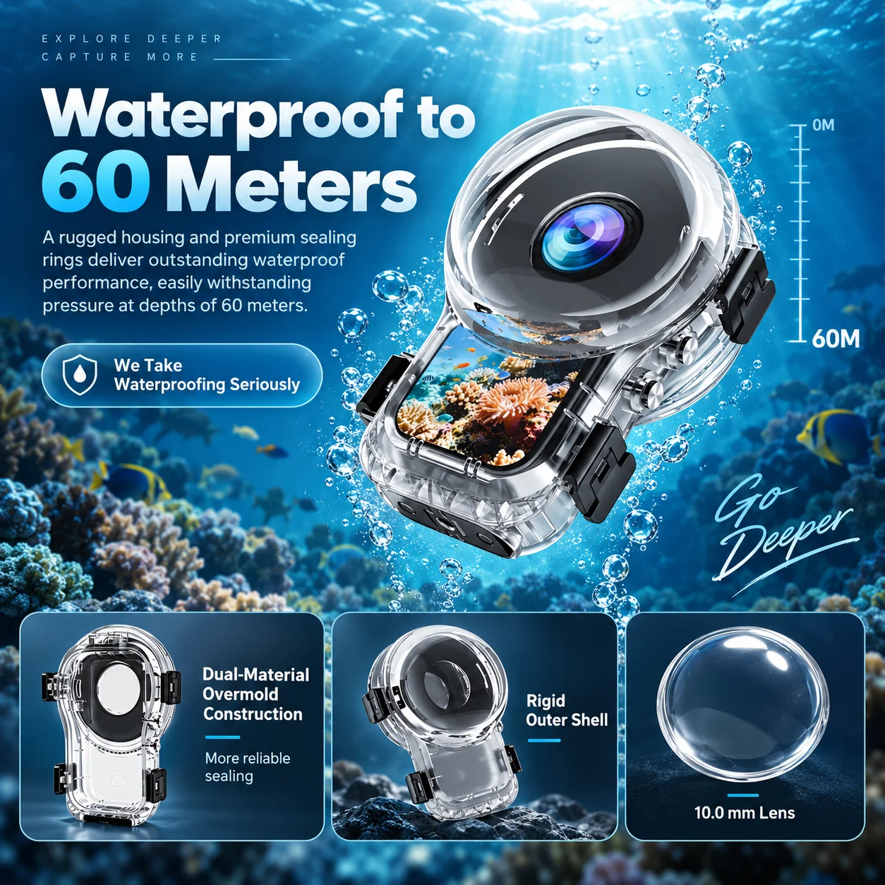Waterproof Case 60m Diving Housing for Insta360 X6 Invisible Underwater Protective Shell Anti Fog Clear Lens Camera Accessories