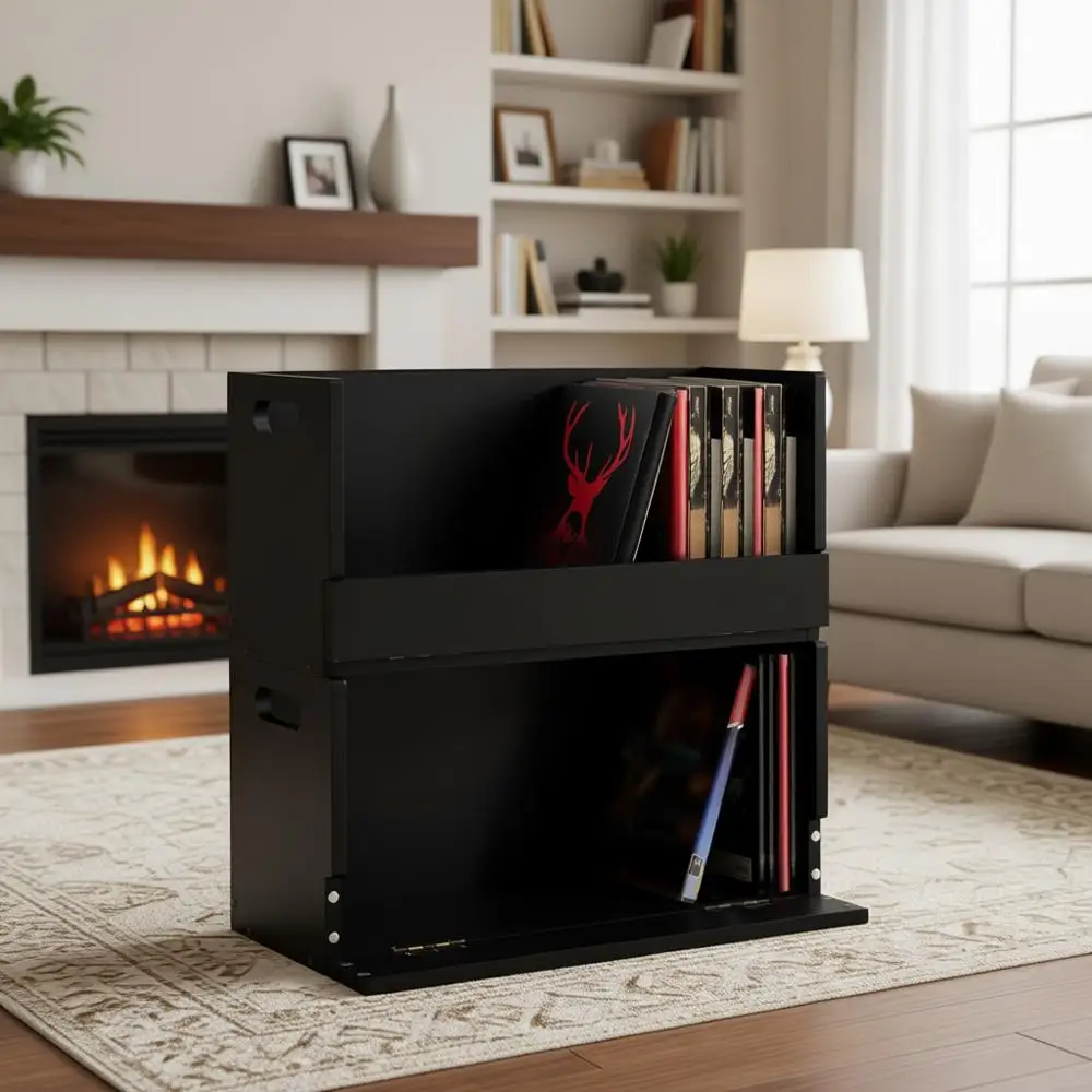 

Wooden DVD Storage Box with Carrying Handle, Holds 26 Cases, for CDs, DVDs, and Cassettes (Black)