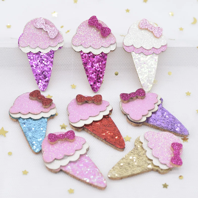 12Pcs 30*48mm Kawaii Pads Glitter Fabric Ice Cream Applique for DIY Crafts Headwear Hair Clips Bow Decor Accessories Patches