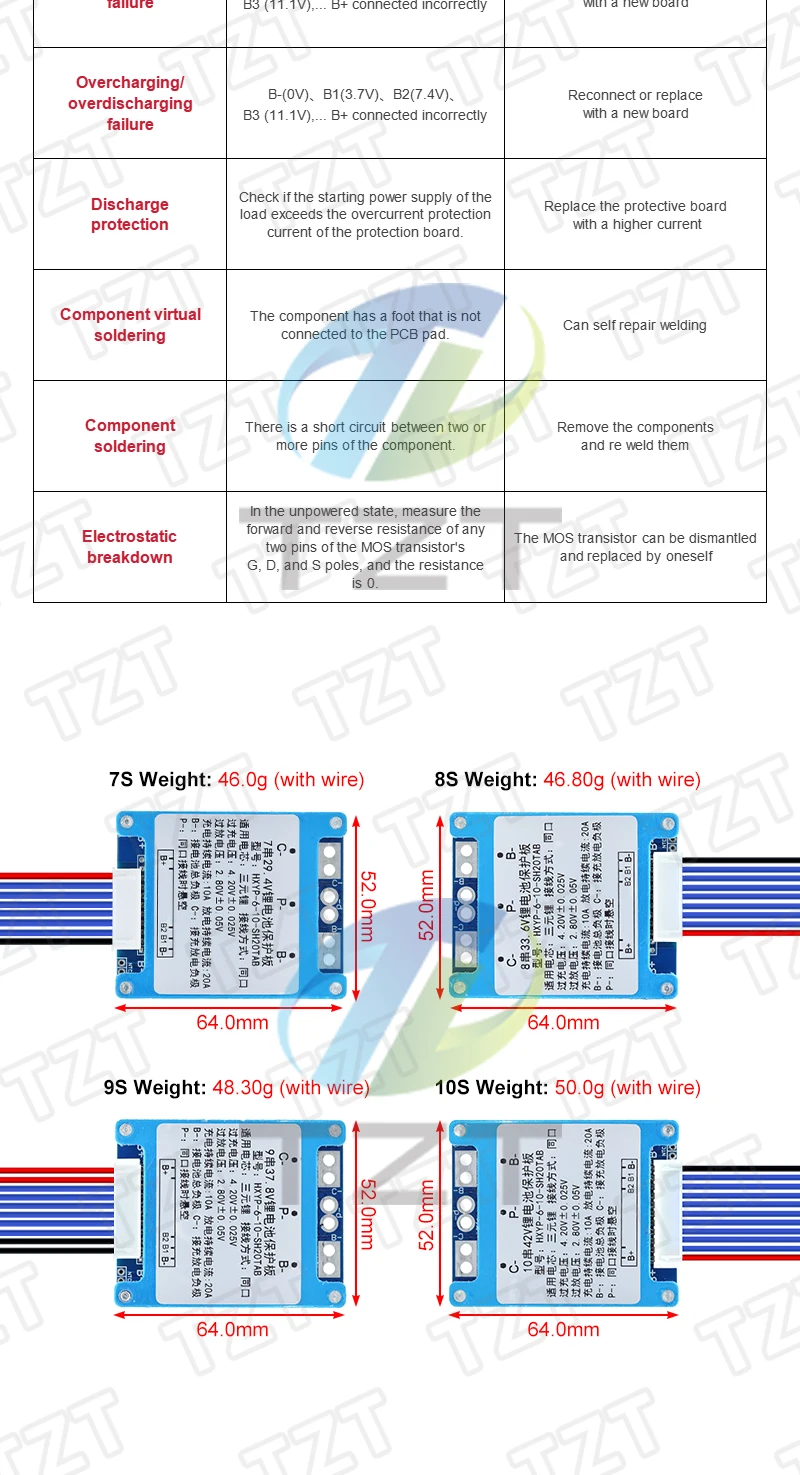 TZT 1/3 Stück 7S 8S 9S 10S 3,7V 20A BMS 29,4V/33,6V/37,8V/42V Li-Ionen Ternäre Lithium-Batterie-Schutzplatine mit Balancer/NTC – Detail 6