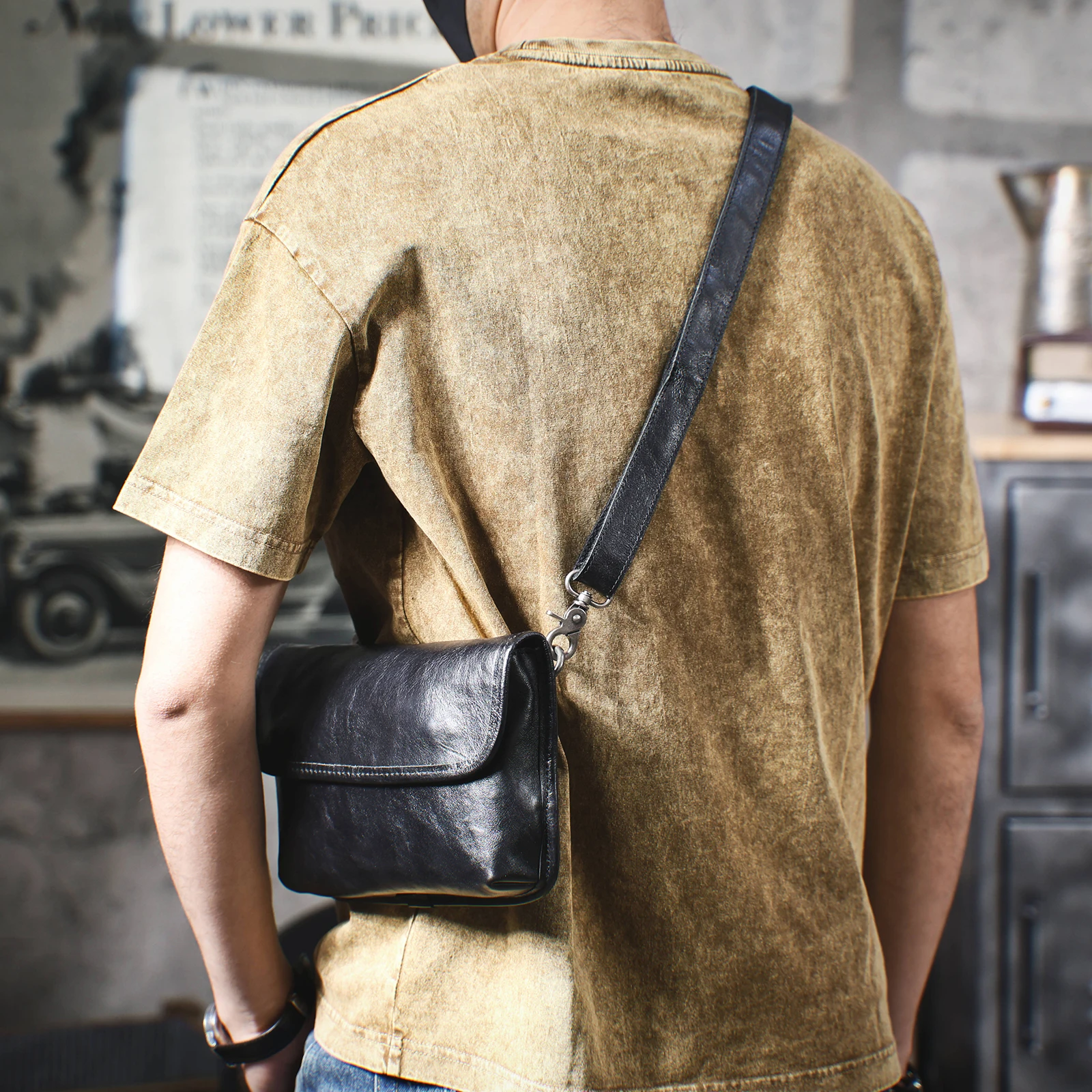 S.WORKER Herren-Umhängetasche aus echtem Leder, Umhängetaschen, einfache Umhängetasche aus Rindsleder, pflanzlich gegerbtes Oberleder, modisch, lässig – Detail 5