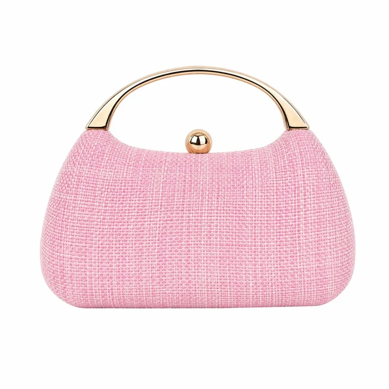 Natural Woven Hard Box Clutch Elegant Ladies Beige Gold Curved Handle Evening Handbag Summer Vacation Outdoor Wedding Purse view 5